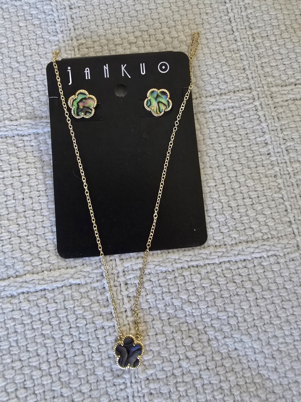 Jankuo Gold-Tone Green Abalone Clover Necklace & Earring Set